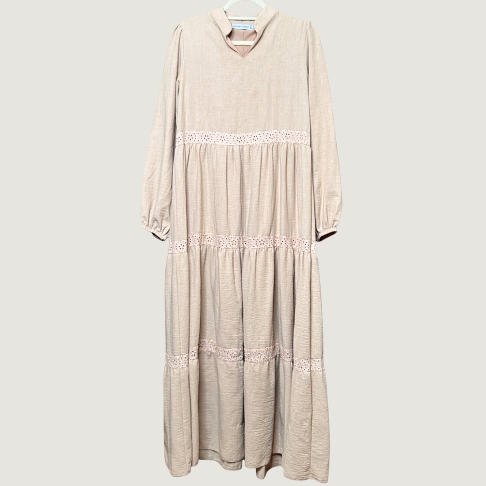 Modern Tan Farmhouse Eyelet Tiered Modest Maxi Dress Long Sleeve Women M Cottage